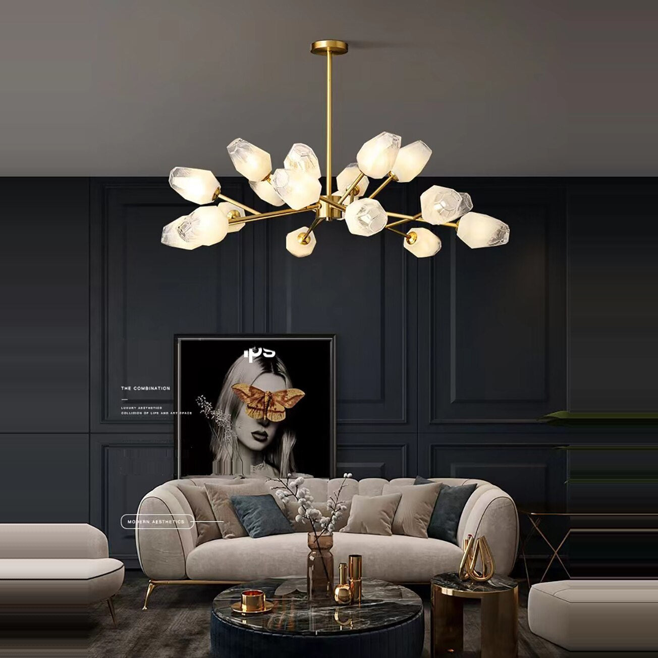 Brass Glass Linear chandelier - Thalia Lane for dining room view 3