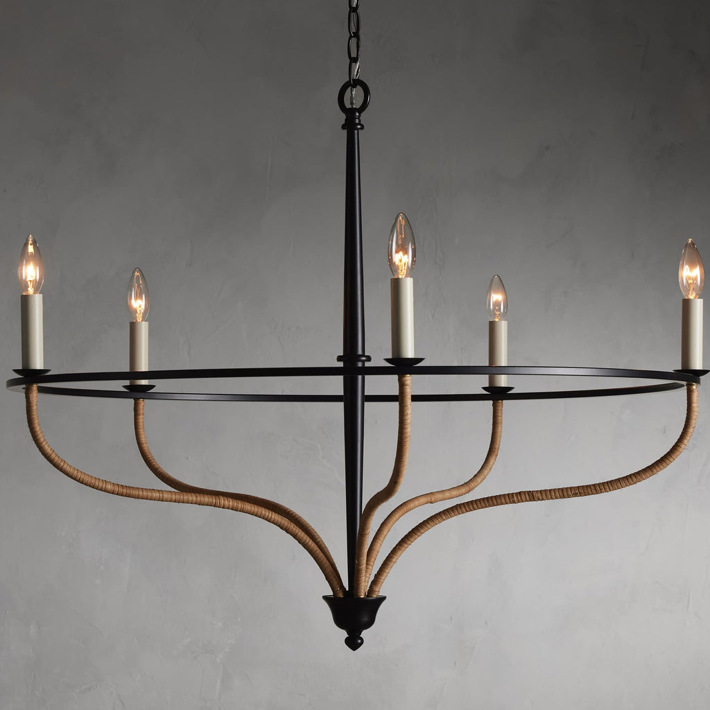 Matte Black Rattan Candle chandelier - Indra Wisp for dining room view 1