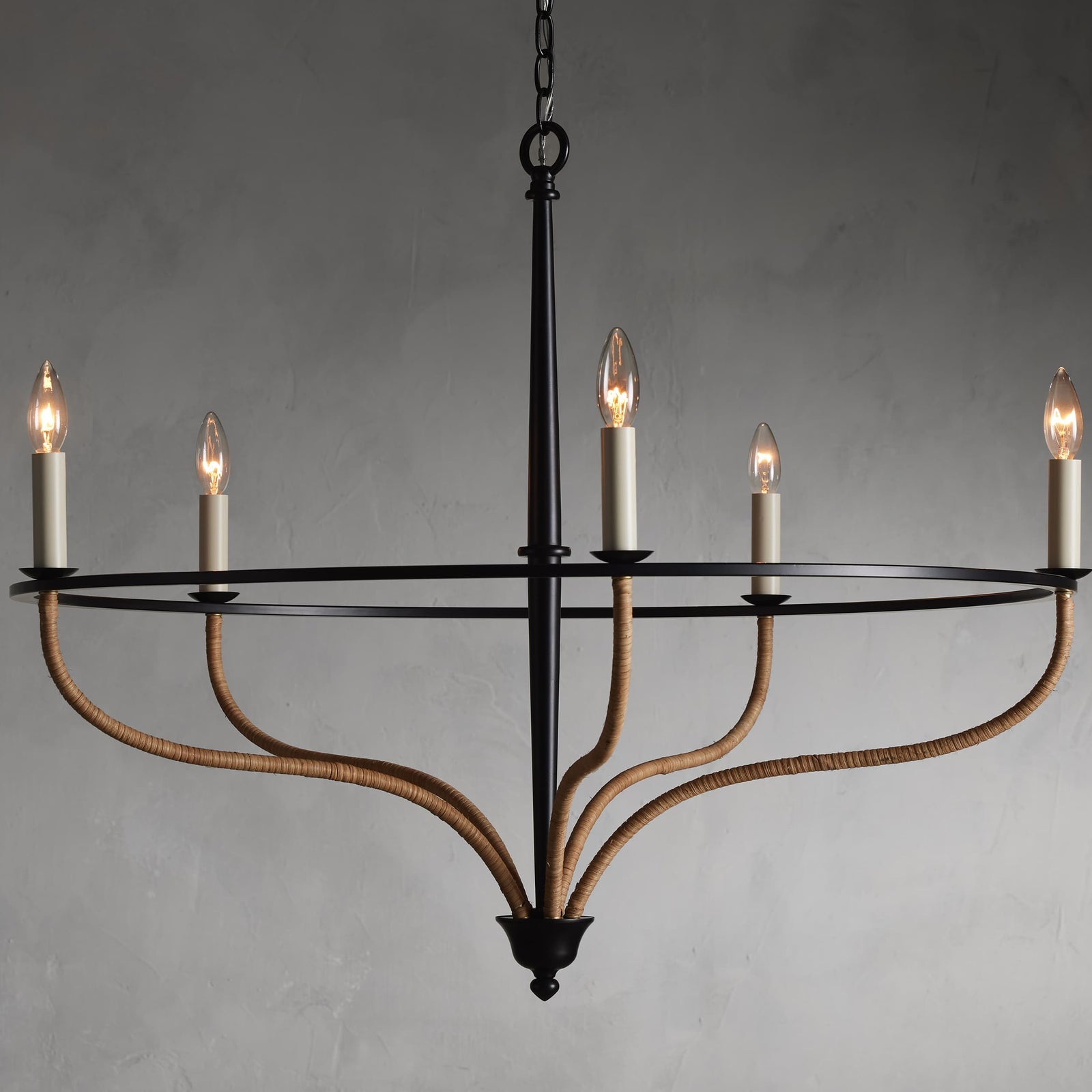 Matte Black Rattan Candle chandelier - Indra Wisp for dining room view 1