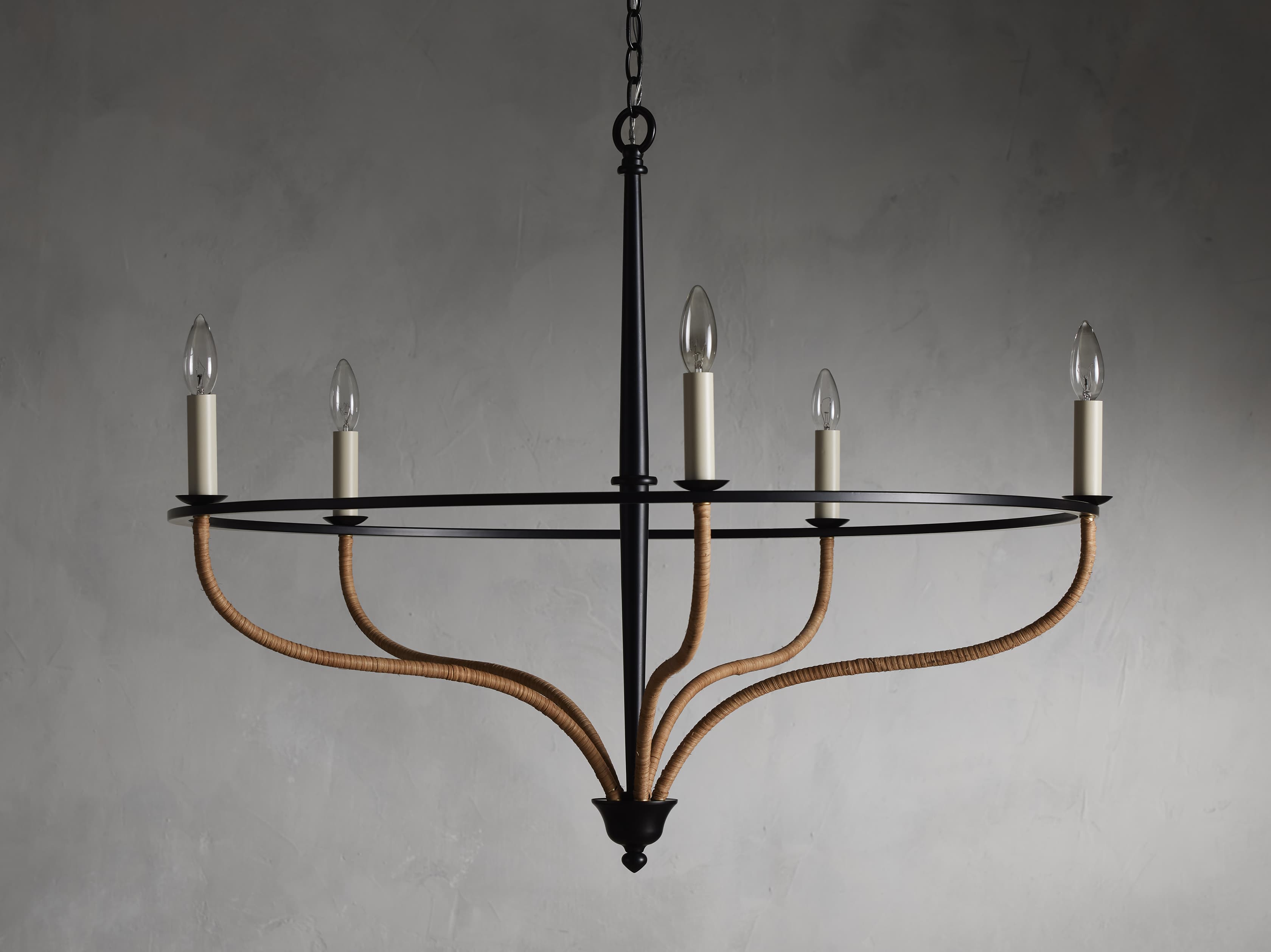 Matte Black Rattan Candle chandelier - Indra Wisp for dining room view 2