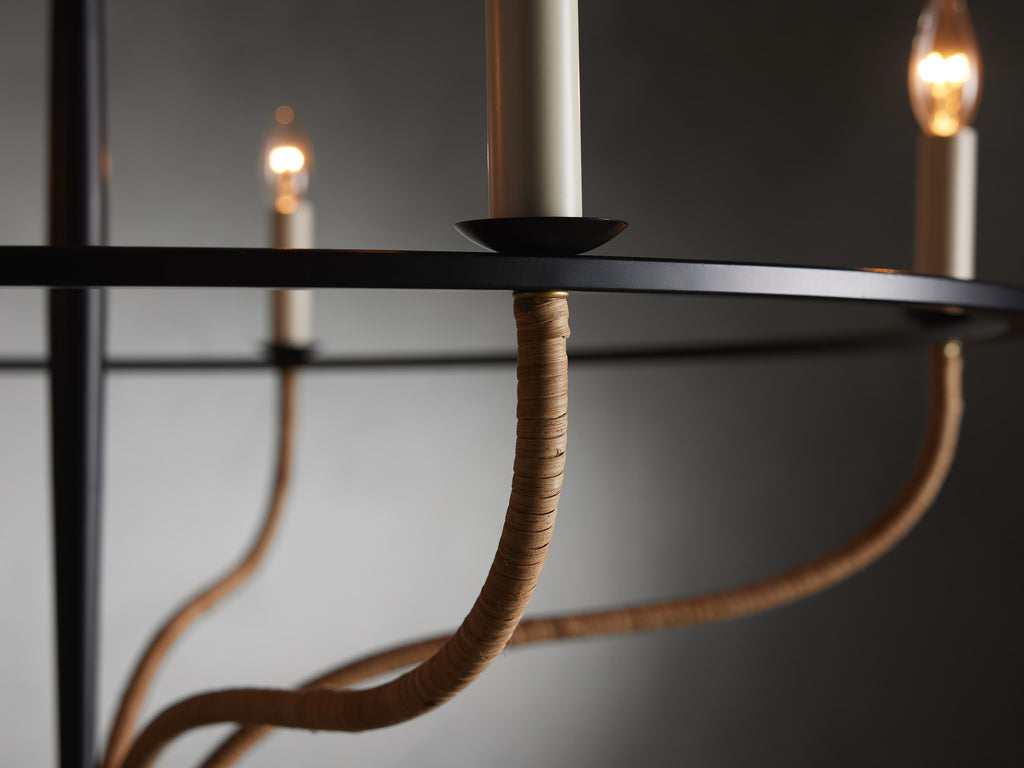 Matte Black Rattan Candle chandelier - Indra Wisp for dining room view 3