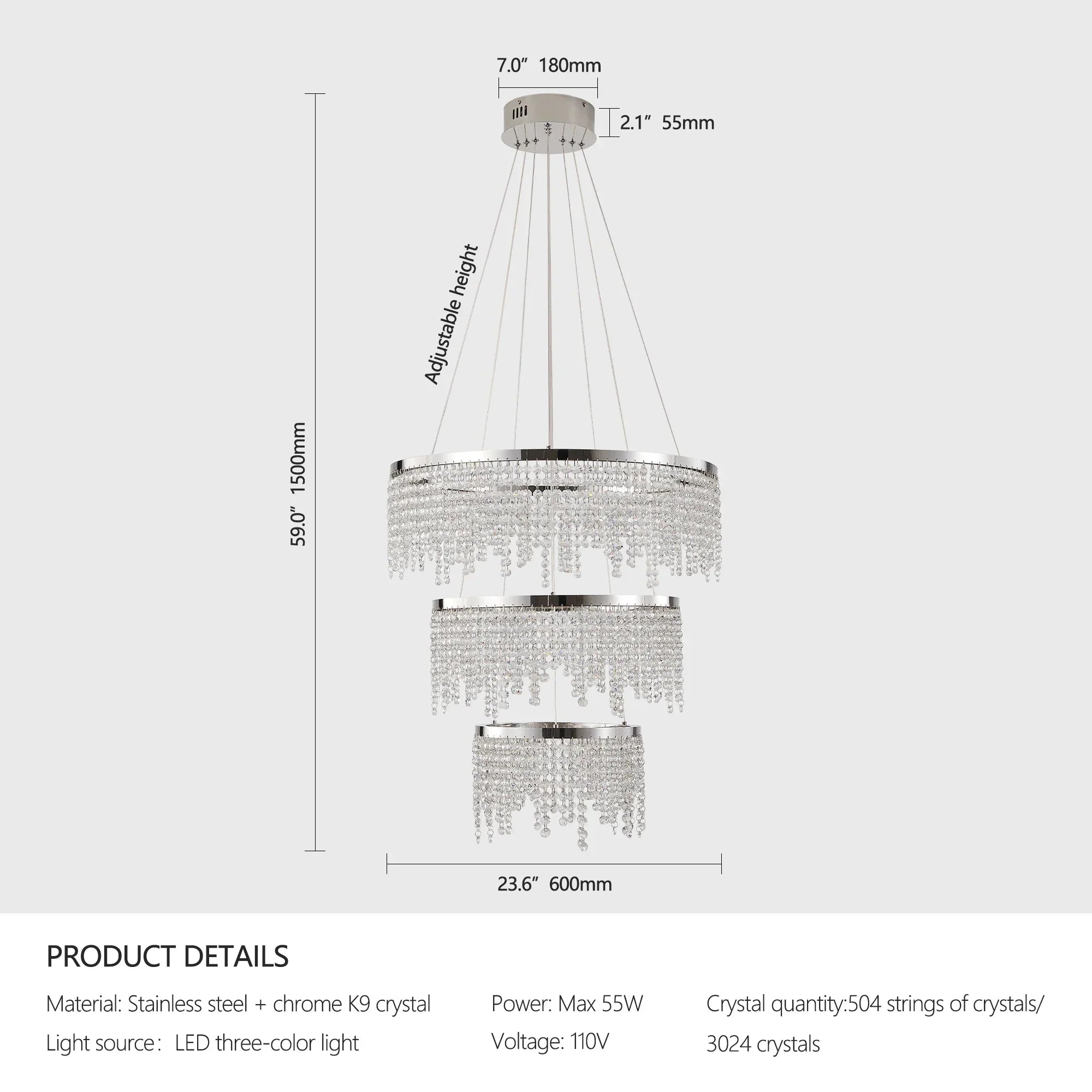 Chrome Crystal Tiered chandelier - Aster Bay for dining room view 3