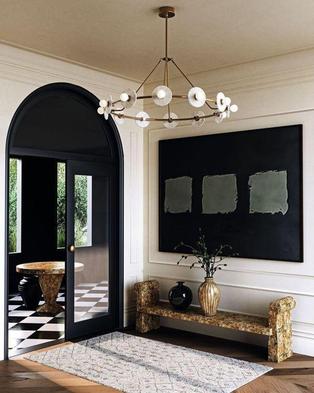 Antique Brass Alabaster chandelier - Sabine Trace for dining room view 2