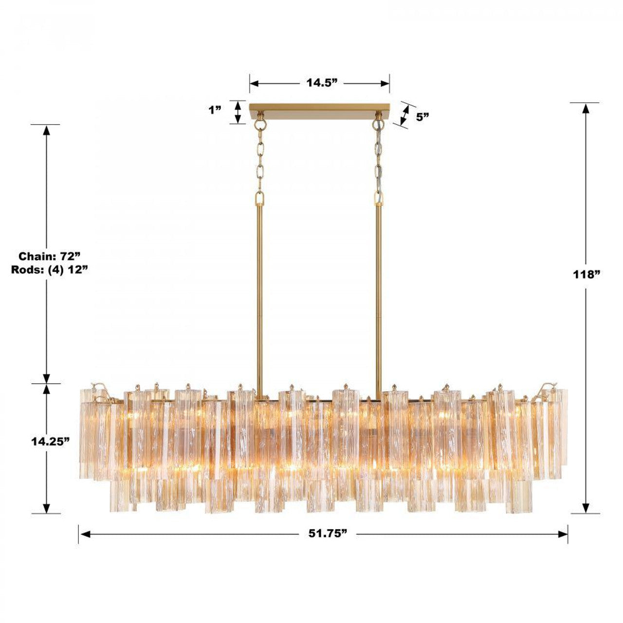Aged Brass Crystal Linear chandelier - Siena Nest for dining room view 2