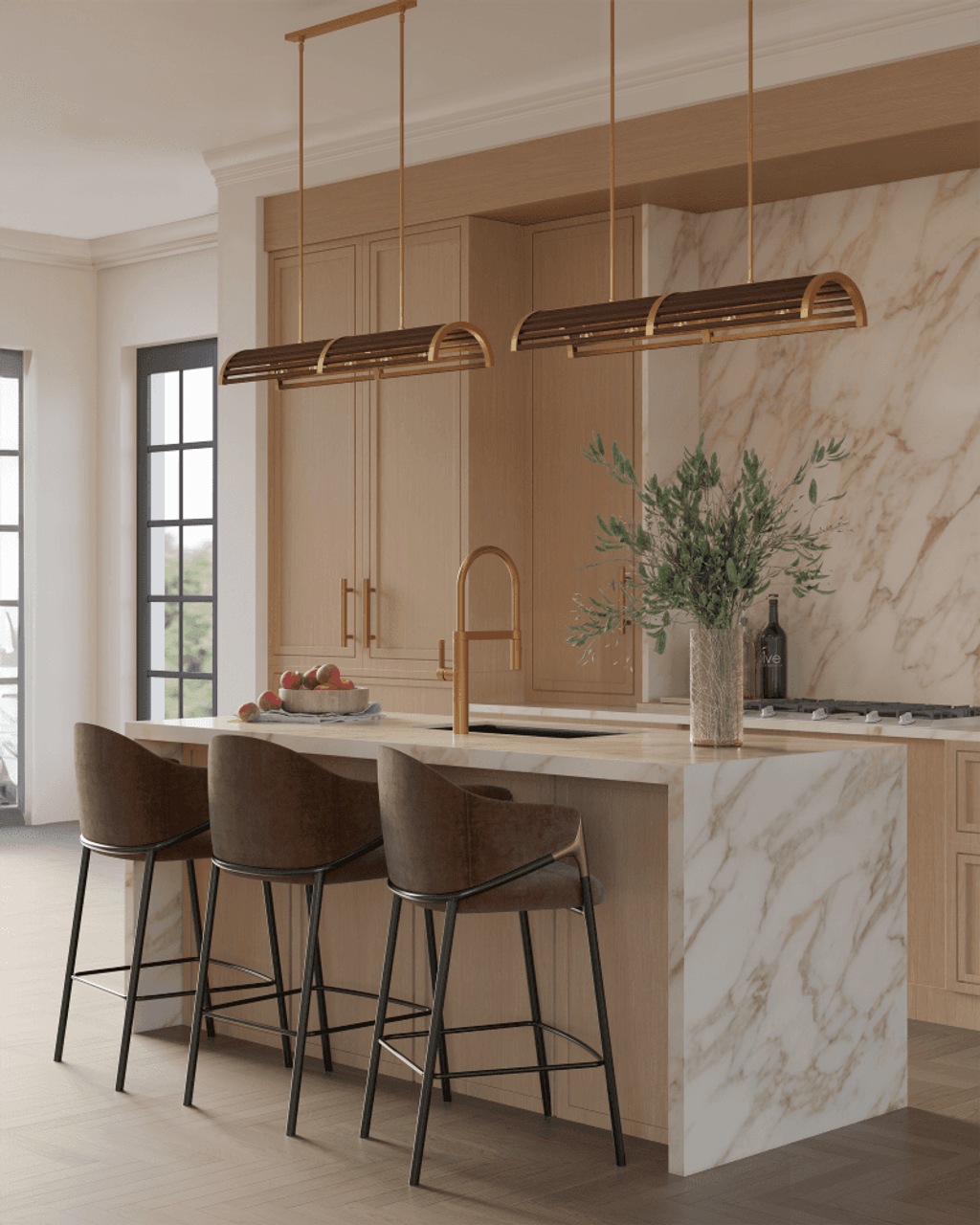 Brass Wood Linear chandelier - Liora Trace for dining room view 4