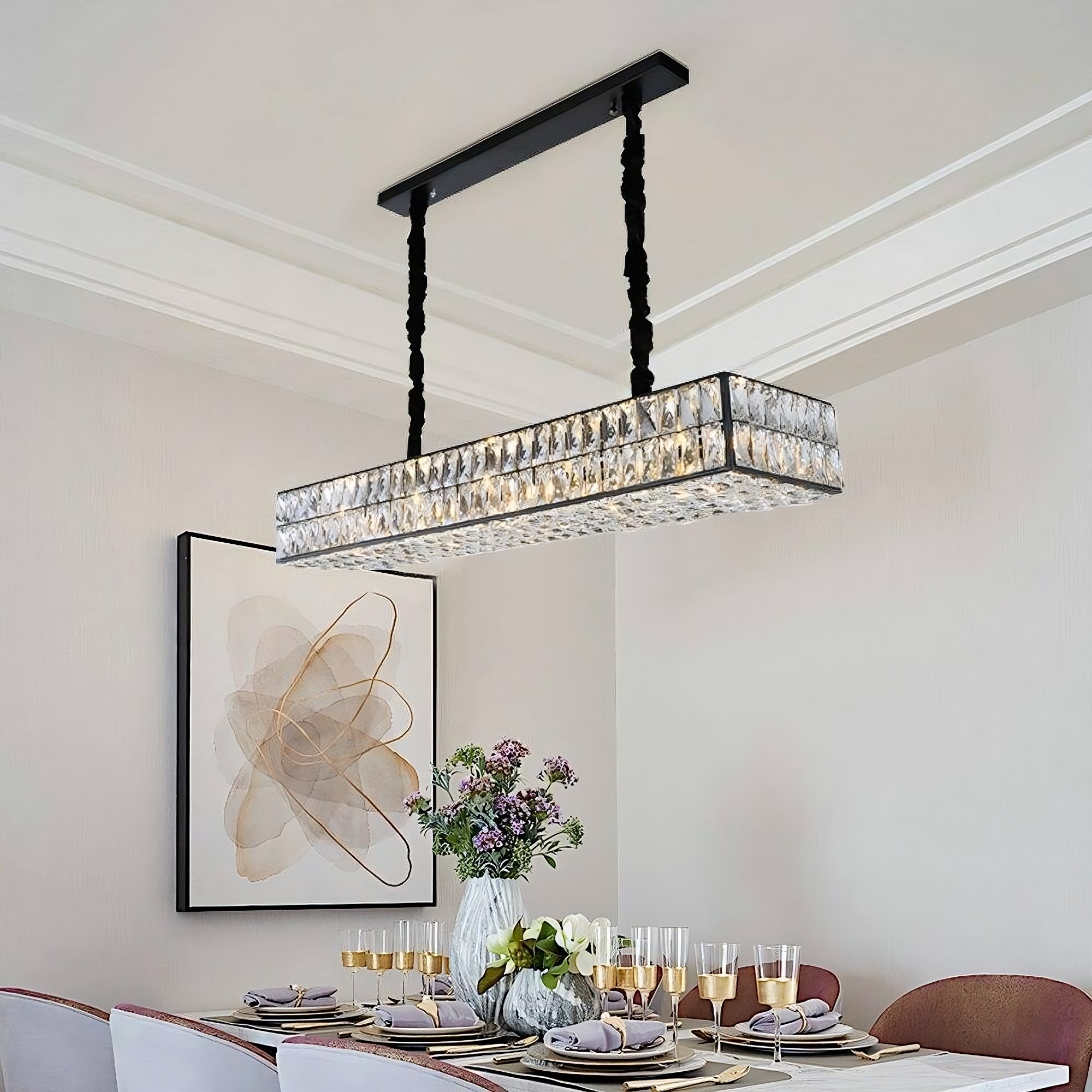 Black Crystal Linear chandelier - Orion Lane for dining room view 2