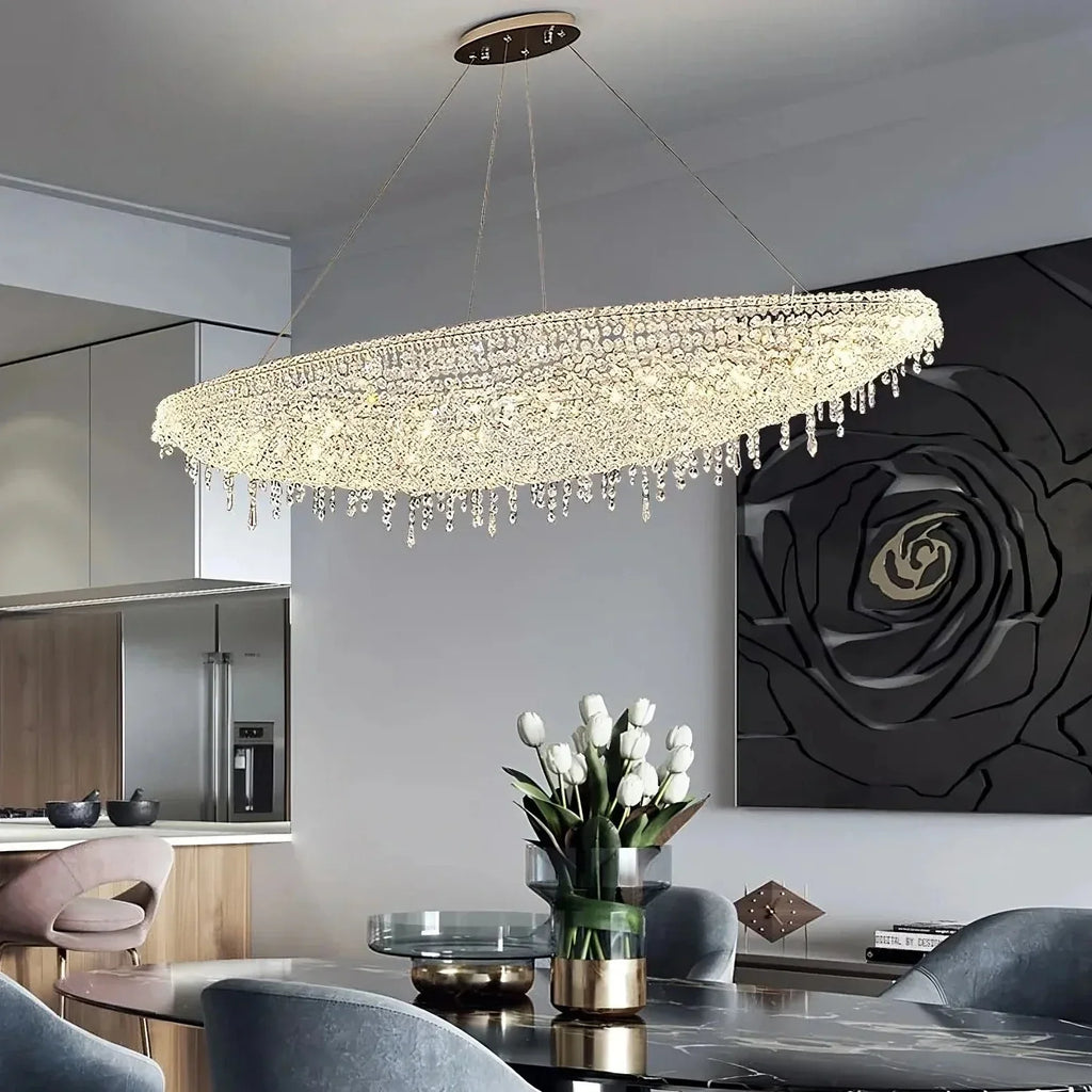 White Crystal Linear chandelier - Una Court for dining room view 2