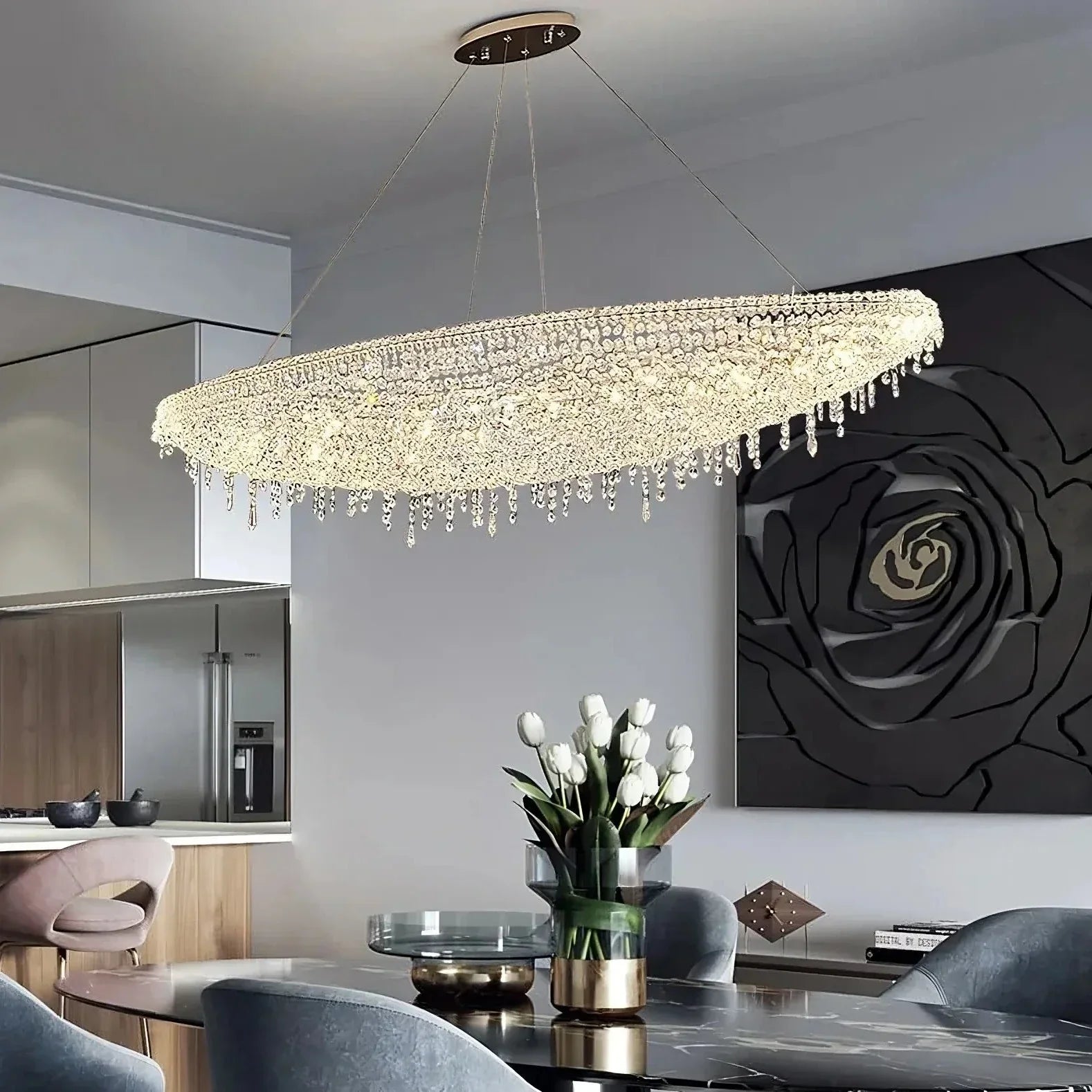 White Crystal Linear chandelier - Una Court for dining room view 2