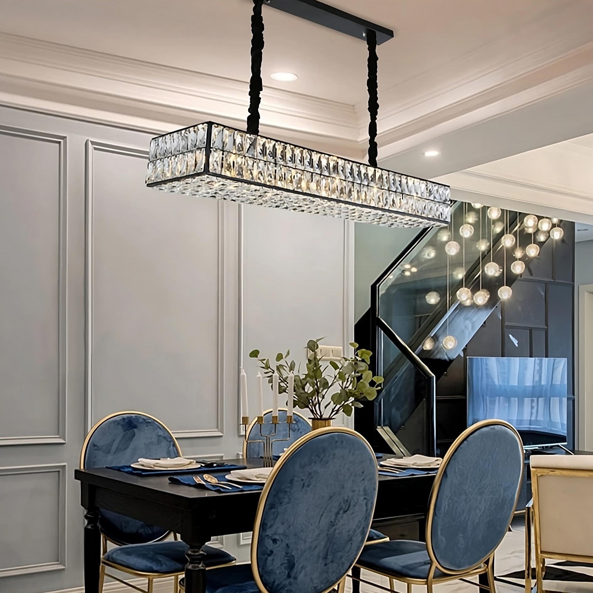 Black Crystal Linear chandelier - Orion Lane for dining room view 3