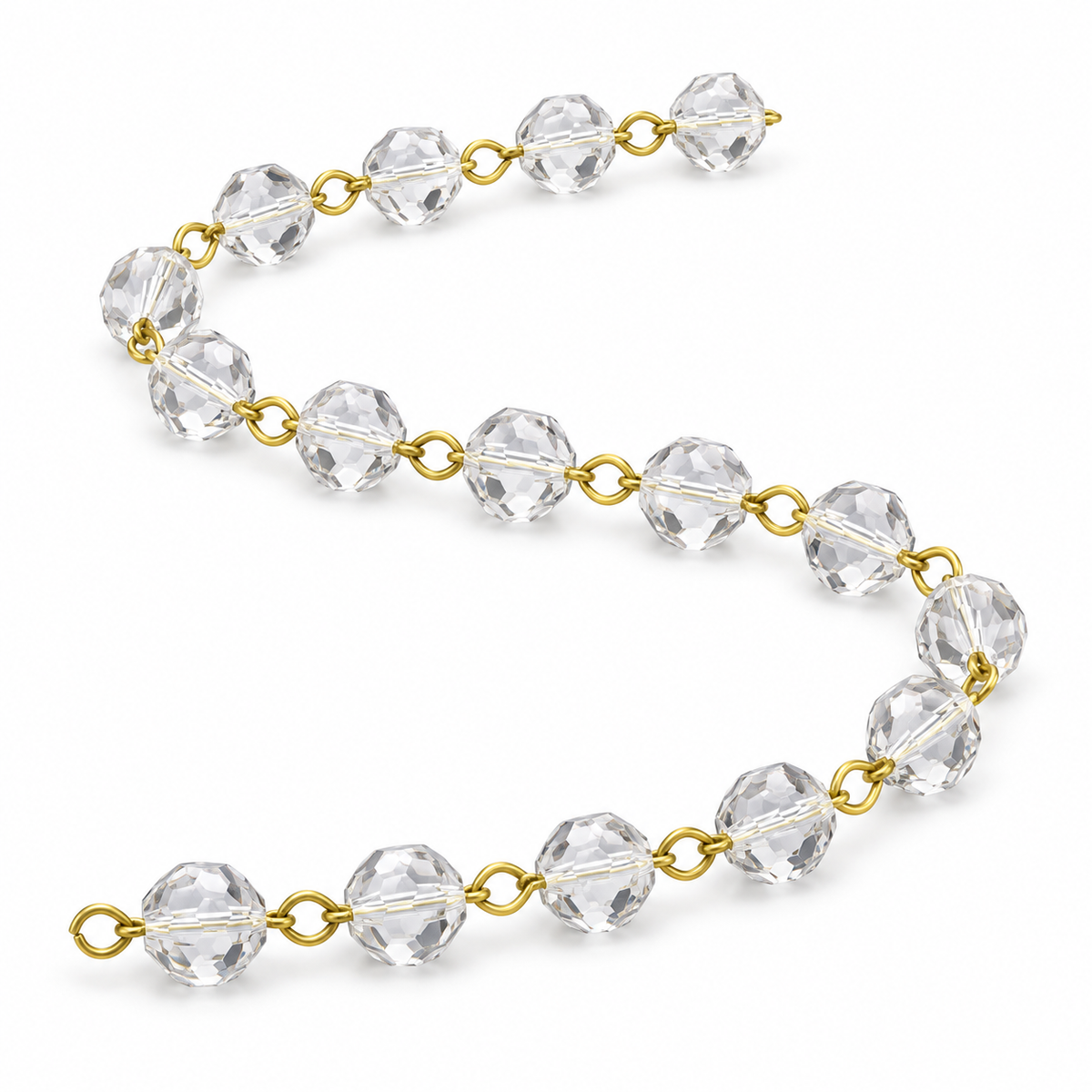 Representative section of Tianguang 10 mm clear faceted crystal bead chain with brass-tone pins, sold per meter