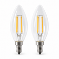 Two Tianguang clear B10 LED candle bulbs with yellow filaments and E12 screw bases