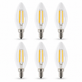Six Tianguang clear B10 LED candle bulbs with yellow filaments and E12 screw bases