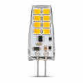 Clear G4 LED capsule with a yellow LED panel and two straight pins