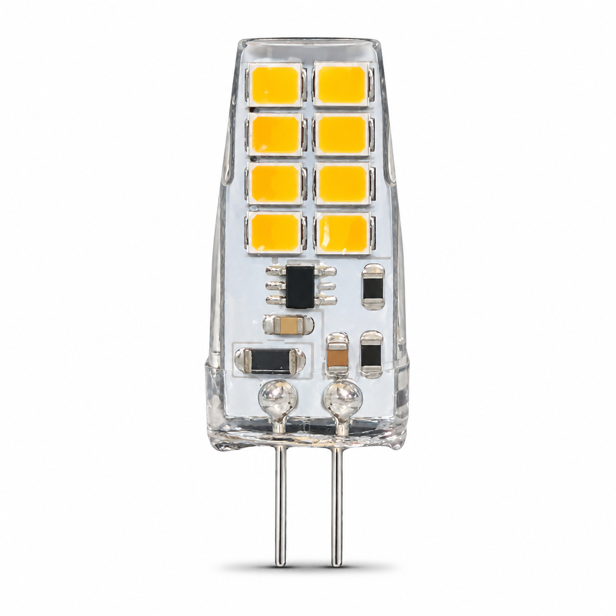 Clear G4 LED capsule with a yellow LED panel and two straight pins
