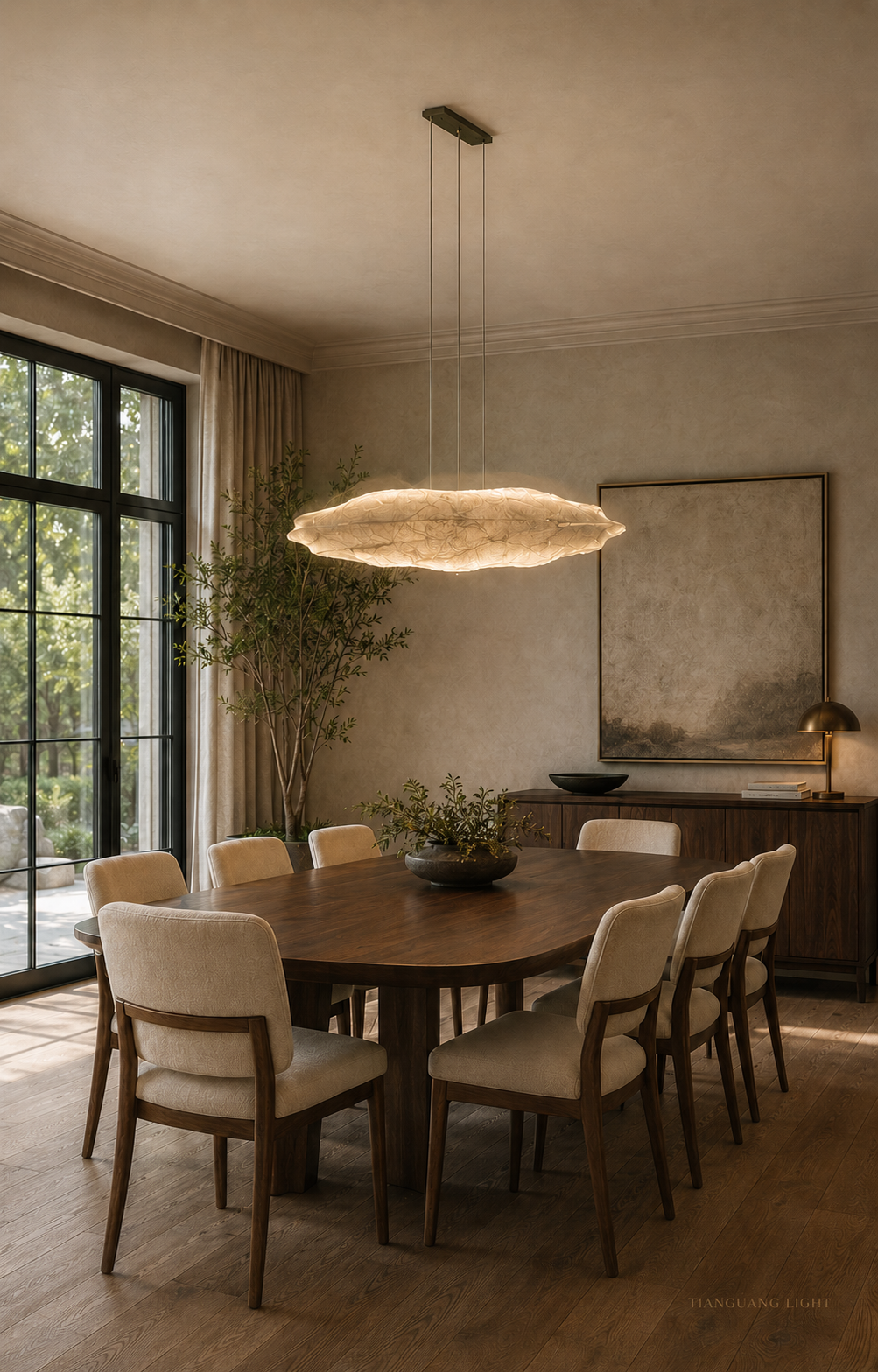 Warm alabaster pendant above a walnut dining table in a furnished home