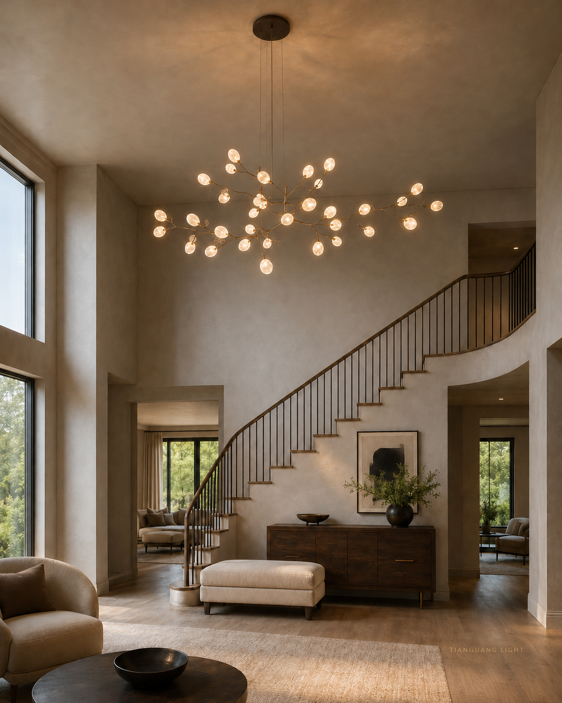 Custom branching alabaster chandelier in a double-height residential foyer