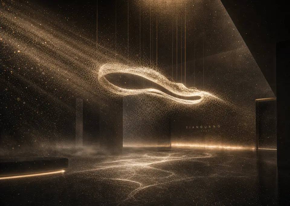 Sculptural wave chandelier glowing in a dark, gold-toned interior